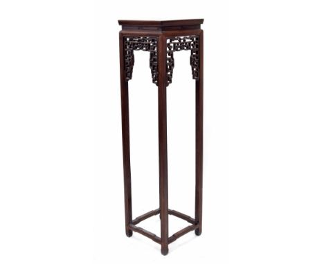 Chinese 19th century hardwood square jardiniere stand, the 14" square top over a pierced carved frieze to two sides and upon 