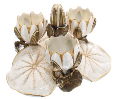 Royal Worcester porcelain trefoil centrepiece posy vase, modelled as lotus flowers with gilt leaves over a larger leaf base, 