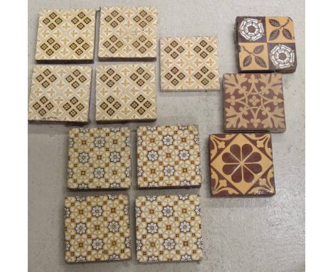 Set of five Minton &amp; Co. square tiles, 6" x 6"; together with another set of four and three further tiles including Minto