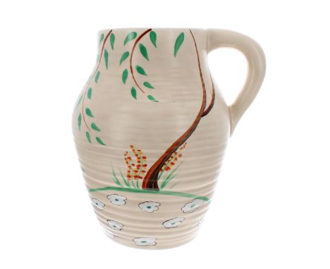 Clarice Cliff small Isis vase/jug, painted with a leaved tree over white flower heads, 8" high (rim hairline)