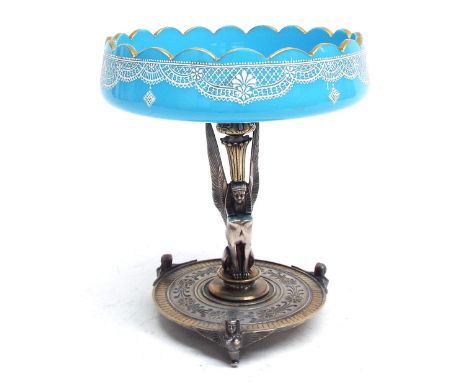 Elkington &amp; Co Egyptian revival silver plated and gilded tazza, with a blue opaque frilled rim glass bowl decorated with 