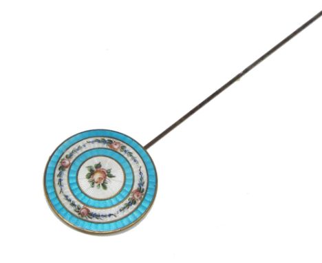 Circular guilloche enamel on gilt metal hat pin in the manner of Charles Horner, 11.5" long
