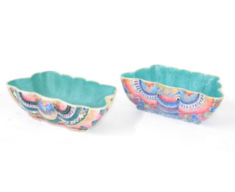 Matched pair of Chinese famille rose 'butterfly' porcelain bowls, each with shaped scallop fluted rim and enamelled with foli