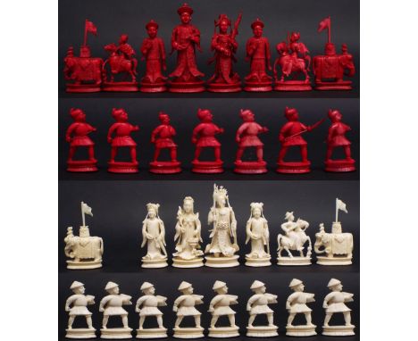 Indian stained and natural ivory figural part chess set, kings 4.25" (10.5cm), missing white horse and red pawn (at fault, lo