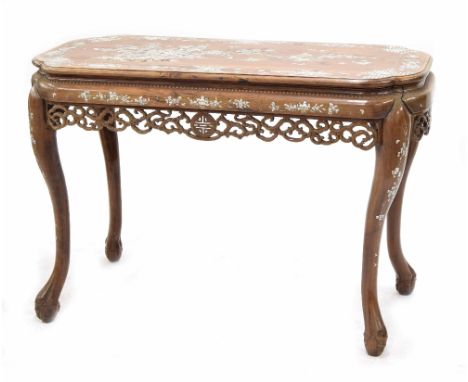 Good Chinese hardwood and mother of pearl inlaid side table, the rectangular top with bowed shaped ends profusely inlaid with