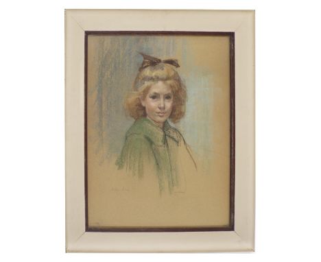 M*Agnes Cohen (20th century) - Portrait of a young girl half length wearing a green coat, her hair decorated with a black bow