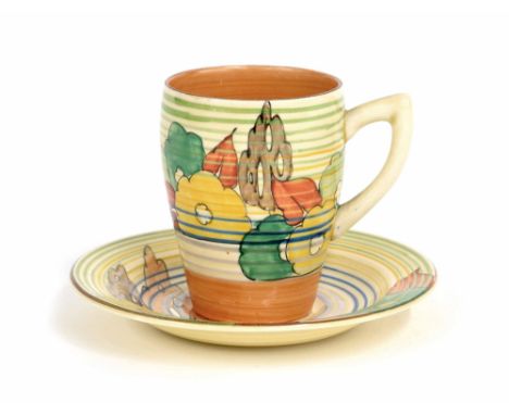 Clarice Cliff Bizarre Lynton cup and saucer, painted with flowers within circular bands, the cup 3" high (2)