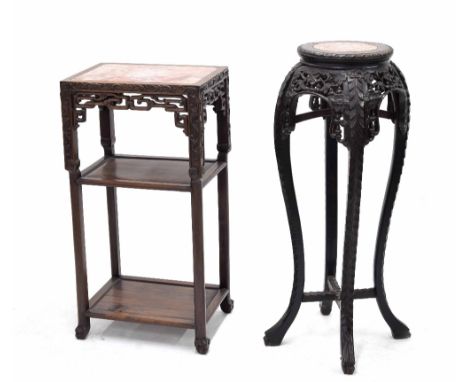 Chinese rectangular three tier carved side table, with inset red marble top over a pierced carved frieze, supported upon roun