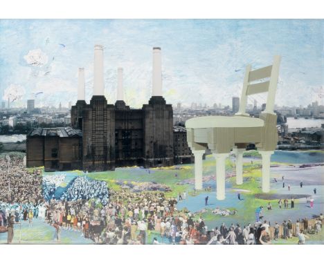 David Mach R.A. (British, born 1956)Battersea Power Station - Country Life photo collage and oil pastel on paper, laid on car