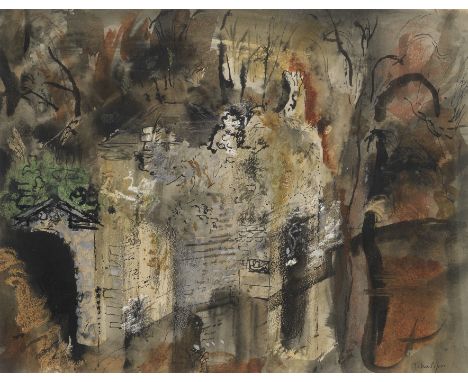 John Piper C.H. (British, 1903-1992)A Folly at the Water's Edge signed 'John Piper' (lower right)watercolour, ink, oil pastel