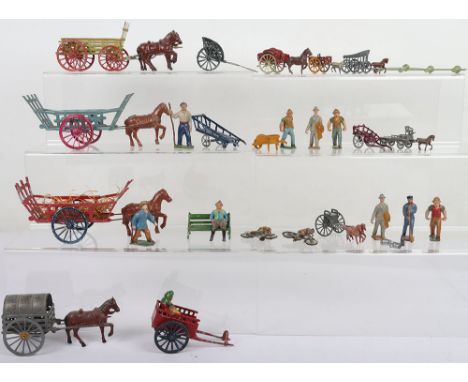 Various French lead farm wagons and people, including Hay wagons (one with broken end) two walking farmers, bench with seated