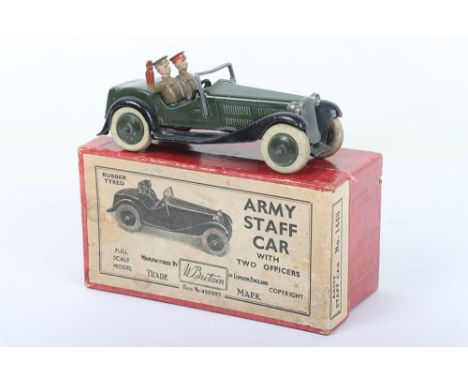 Britains set 1448, Army Staff Car FIRST VERSION with Driver and Passenger, dark green finish, white rubber tyres in original 