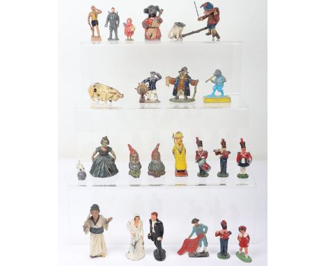 Various lead figures, including Japanese woman in Kimono and holding a fan, Barclay USA Bride, Groom and Bridesmaid, Lincoln 