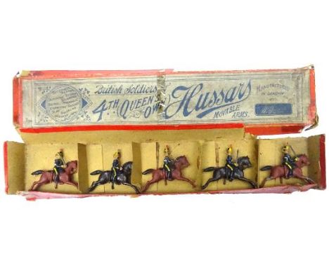 Britains set 8, 4th Hussars with Trumpeter, FIRST VERSION, rocking horses with original printers decorated box inscribed bene