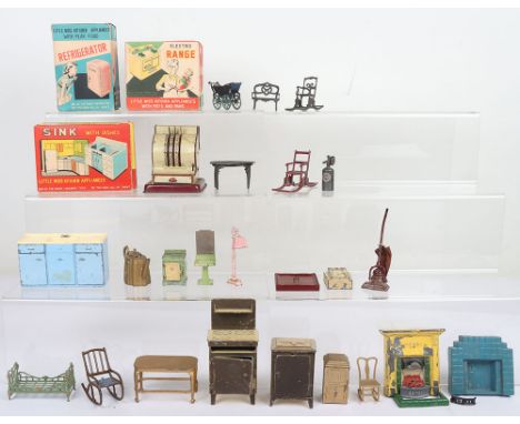 Collection of lead Dolls House furniture, including Crescent kitchen stove, T&B refrigerator, other pieces include fireplaces