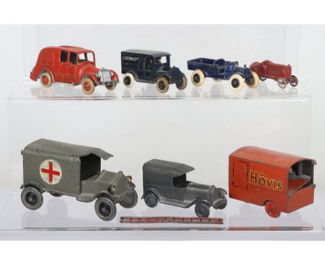 Taylor and Barrett pre-war Fire Engine and other vehicles, with white rubber tyres, spring hose to rear and ladder, 11cm long