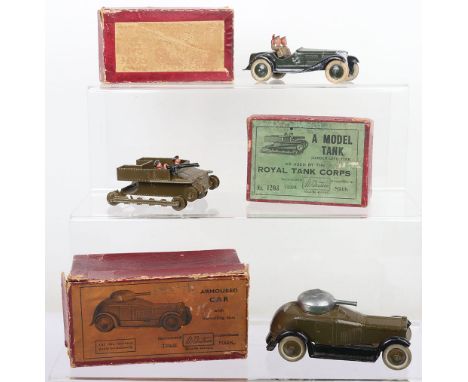 Britains Army Vehicles, boxed 1331 Armoured car with rubber tyres,1448 Staff car, 1203 Carden Loyd type tank with driver, gun