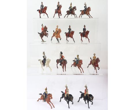 Britains assorted early Cavalry 4th Hussars on 'rocking' horses with Trumpeter (one plume missing, 16th Lancer Officer, two L