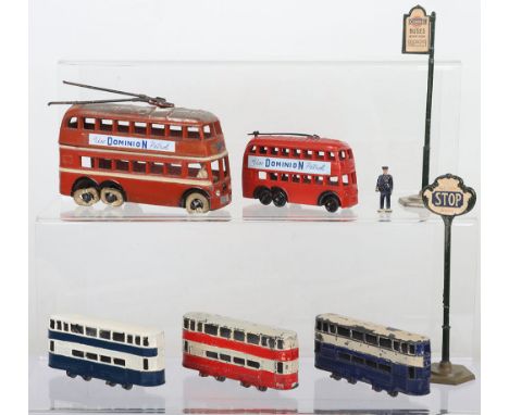 Lead pre-war Double Decker Buses, Taylor & BarrettTrolley Bus with driver and white rubber tyres, 13cm long, Castrol Oil adve