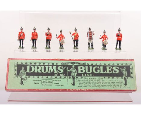 Britains set 30 Drum and Bugles of the Line, 1930, eight marching soldiers Drum Major, Bass drummer, two side drummers, four 