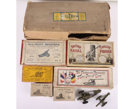 Various Toy Field guns, including Oliver, Harper & Co (circa 1915) boxed tinplate Famous French 75mm Field gun with instructi