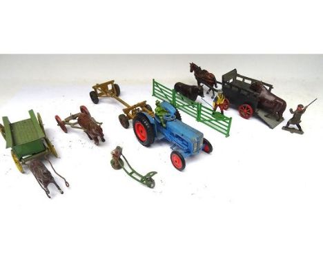 Hill Bullock Cart four wheel, with Timpo Bullocks and various Drovers, three fences, Charbens Wagon, Crescent Tractor with Br