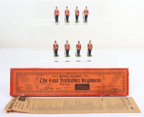 Britains set 113, East Yorkshire Regiment at attention FIRST VERSION, round bases, in original early printer's decorated box 