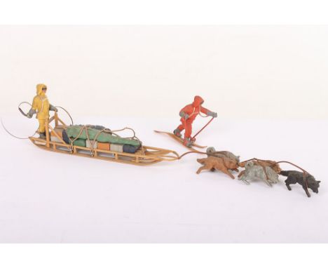 Britains Herald set H5298 Antarctic Explorers Polar Survey Party, 1960, loaded sledge with folded tent and supplies, dog team