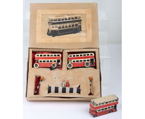 JoHillco pre-war General Bus set, boxed set with two General Double Decker buses, 8cm long, white rubber tyres, lead Policema