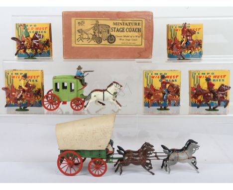 Boxed JoHillco Wild West Stage Coach, two horse team pulling green stage coach with seated driver and guard (condition very g