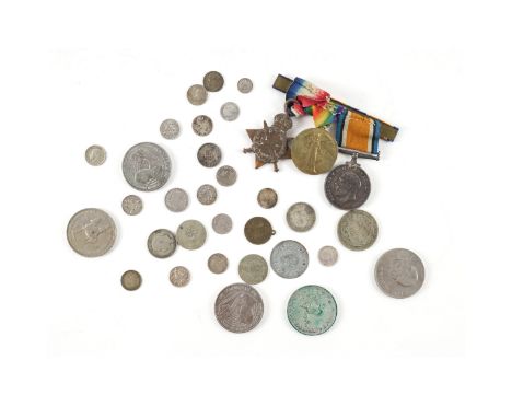 THREE FIRST WORLD WAR MEDALS AND A GROUP OF BRITISH AND FOREIGN COINS (QTY)Comprising; The 1914-15 Star to T4-108170, DVR.A.J