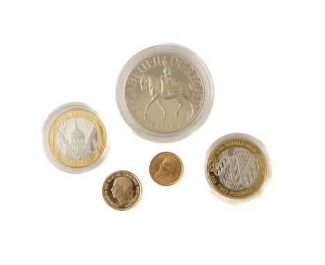 TWO GOLD COINS AND FOUR FURTHER ITEMS (6)Comprising; a one tenth krugerrand 1982, a 9ct gold imitation of an Edward VIII half
