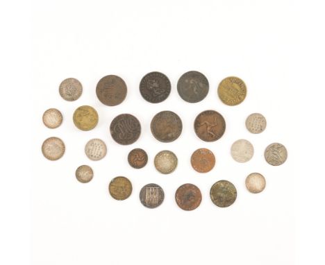 A GROUP OF TOKENS AND FURTHER ITEMSTo include a silver sixpence for Stockport, a silver shilling for Gloucester, an eighteen 