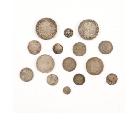 A GROUP OF STUART PERIOD SILVER COINS (15)Including a Charles II crown, 1668,  a Charles II fourpence, 1679,  two William and