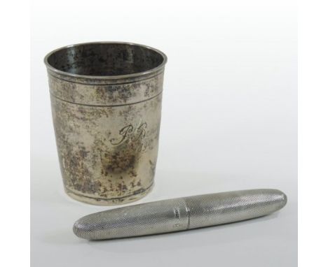 A 19th century continental white metal beaker, of plain tapered shape, inscribed F. Breuer, 1894, 9cm high, together with a V
