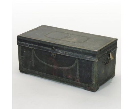 A 19th century leather bound and studded trunk, having a hinged lid and twin carrying handles, 92cm, bearing a paper label in