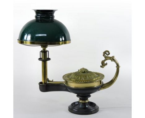 An ornate continental brass and opaque glass table lamp, 45cm high