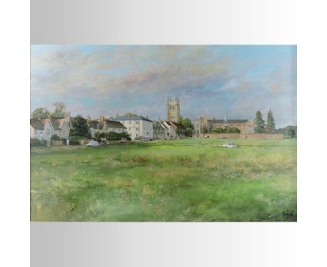Clive Madgwick RBA *ARR, (1934-2005) Evening Light Long Melford Green, signed oil on canvas, 50 x 75cm, inscribed 1990 to the