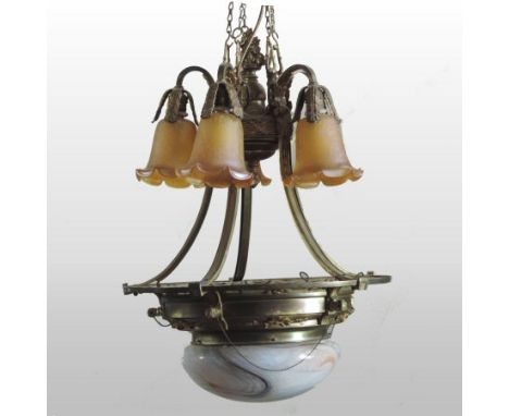 An ornate 1920's gilt metal and marbled glass ceiling light, with pierced decoration and amber glass shades, 51cm diameter
