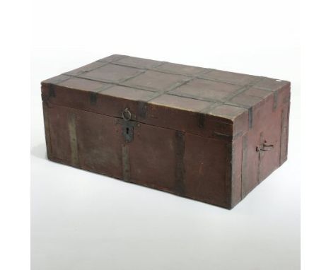 An 18th century continental painted pine and metal bound trunk, the hinged lid revealing a Russian inscription dated 1797, fl