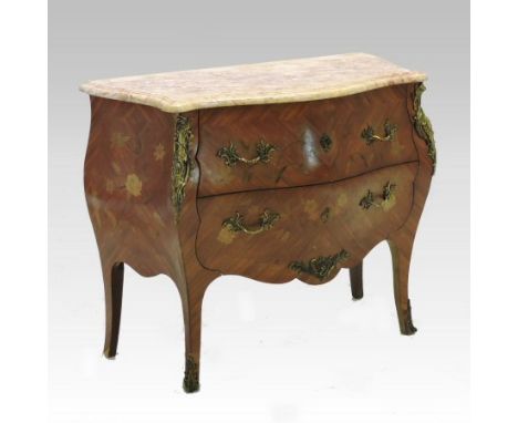 A 19th century French style marble top gilt metal mounted bombe commode, the veined marble top above a pair of floral marquet