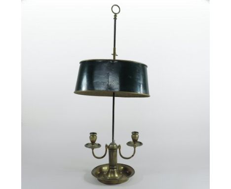 A 19th century toleware and brass desk lamp, with an adjustable shade, 70cm high