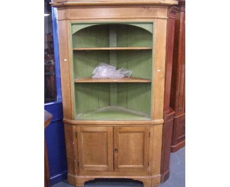 Pine open shelf corner cupboard, 186cm high and 100cm wide.