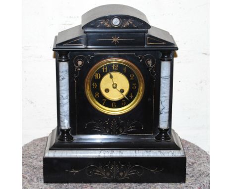French slate and grey marble mantel clock, 41cm high.