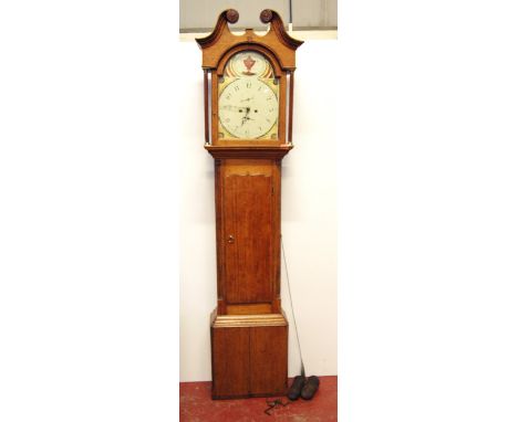 Early 19th century oak painted dial longcase clock, 221cm high.