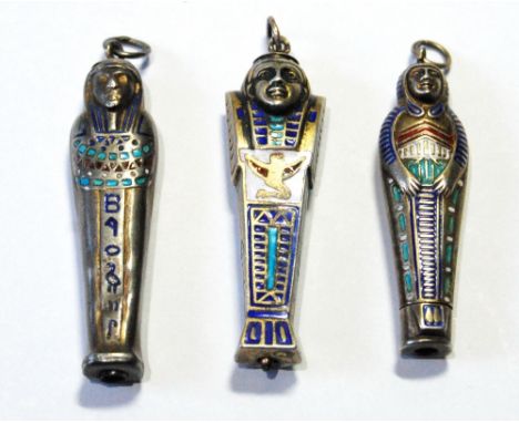 Three Egyptian silver enamel sarcophagus propelling pencils, hallmarked, 4.5cm long. Condition Report Condition of enamel on 