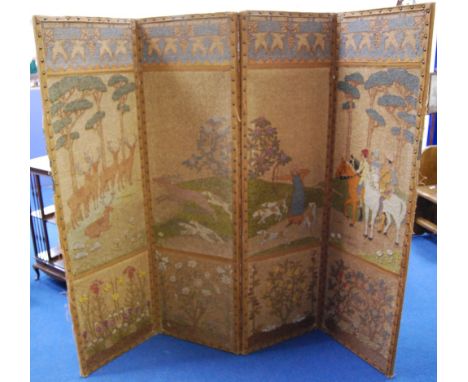 Arts & Crafts tapestry embroidered four-fold dressing screen, the panels with wild animals and flowers, 170cm high and 200cm 