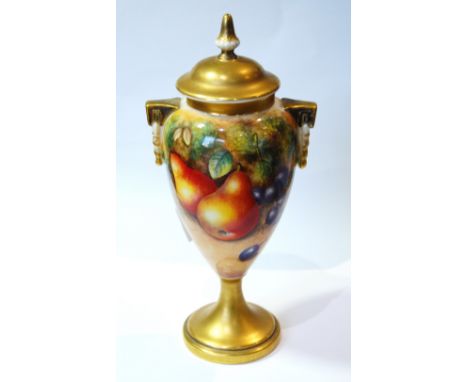 Royal Worcester fruit decorated vase and cover, painted by P. Lynes, 21cm. Condition Report Good condition