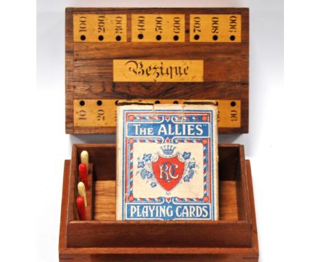 Victorian rosewood Bezique box, 13cm, and a pack of playing cards.