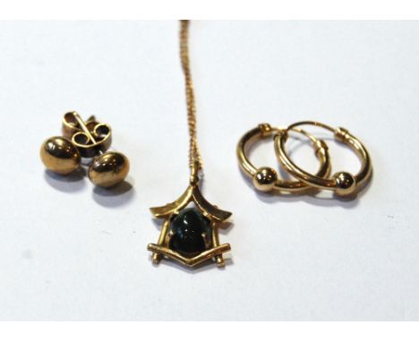9ct gold jade pendant necklace, a pair of 9ct gold stud earrings and a pair of 9ct hoop earrings.  (3) Condition Report 3.6g 